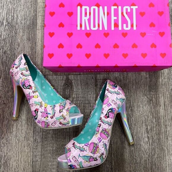 BNIB IRON FIST DEATH'S DINER PEEPTOE PINK PLATFORM Sz 5 BNIB - Picture 4 of 12